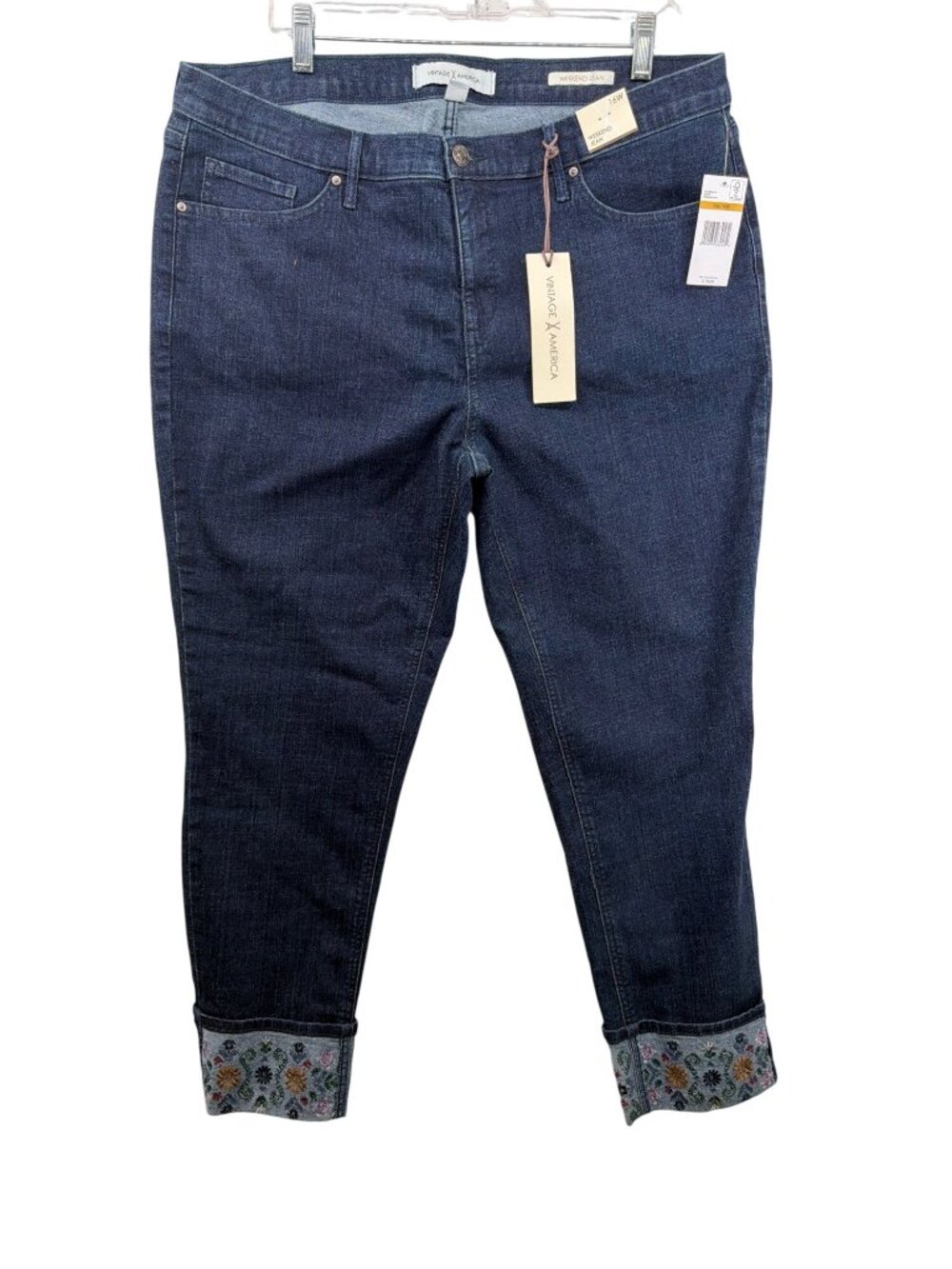 Vintage America Women Weekend Jeans Sz 16W Cuffed Cropped Embroidered Floral NWT